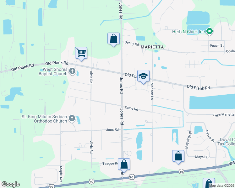 map of restaurants, bars, coffee shops, grocery stores, and more near 714 Jones Road in Jacksonville