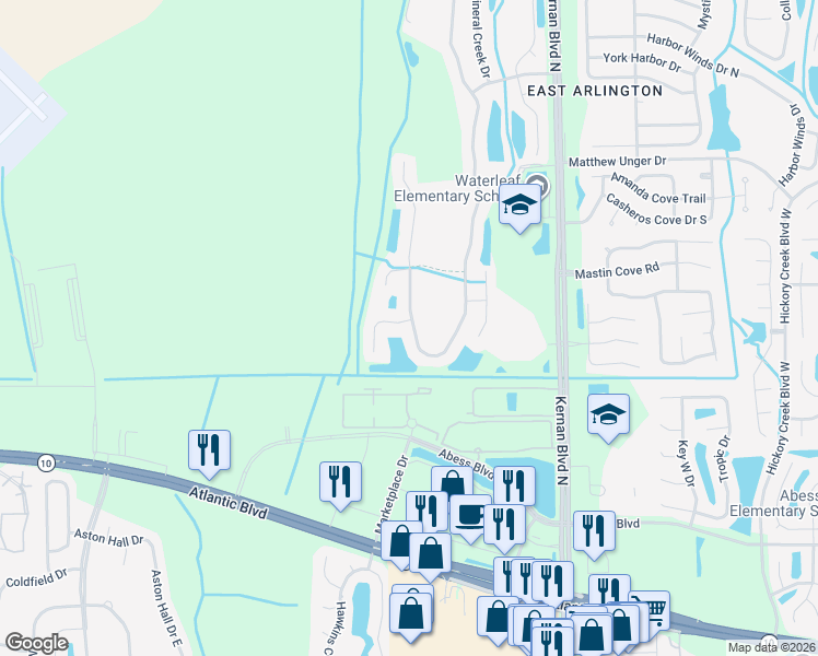map of restaurants, bars, coffee shops, grocery stores, and more near 12154 Narrowleaf Court in Jacksonville