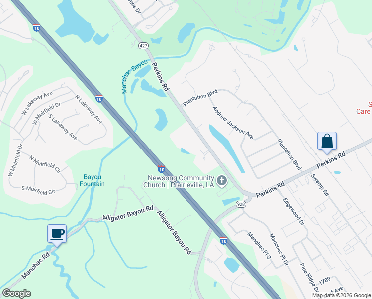 map of restaurants, bars, coffee shops, grocery stores, and more near 18617 Perkins Road in Prairieville