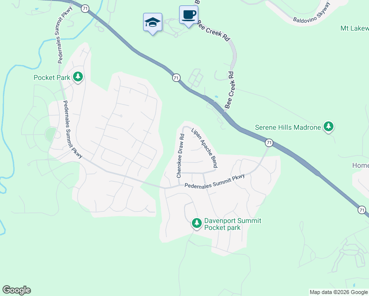 map of restaurants, bars, coffee shops, grocery stores, and more near 5513 Cherokee Draw Road in Spicewood
