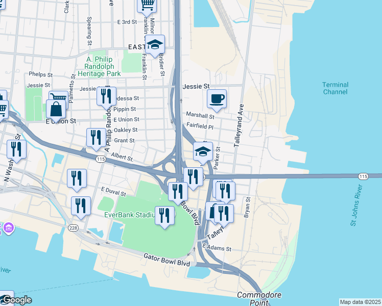 map of restaurants, bars, coffee shops, grocery stores, and more near 1523 Swift Street in Jacksonville