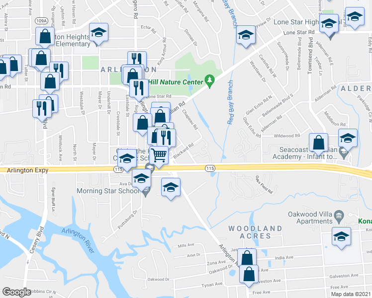 map of restaurants, bars, coffee shops, grocery stores, and more near Bert Rd & Blackard Rd in Jacksonville