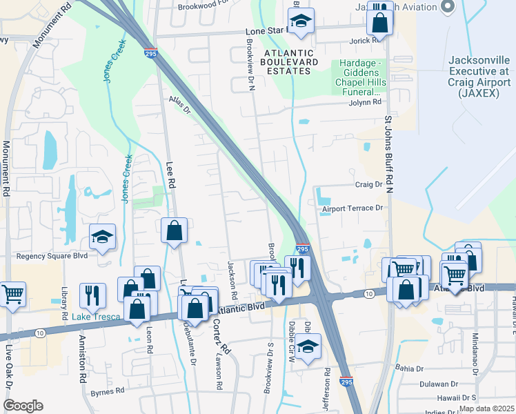 map of restaurants, bars, coffee shops, grocery stores, and more near 338 Brookview Drive North in Jacksonville