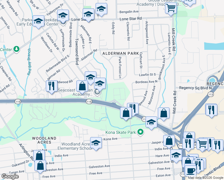 map of restaurants, bars, coffee shops, grocery stores, and more near 8209 Larose Road in Jacksonville
