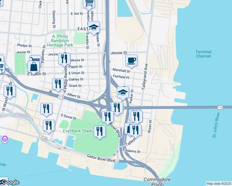 map of restaurants, bars, coffee shops, grocery stores, and more near 1523 Swift Street in Jacksonville