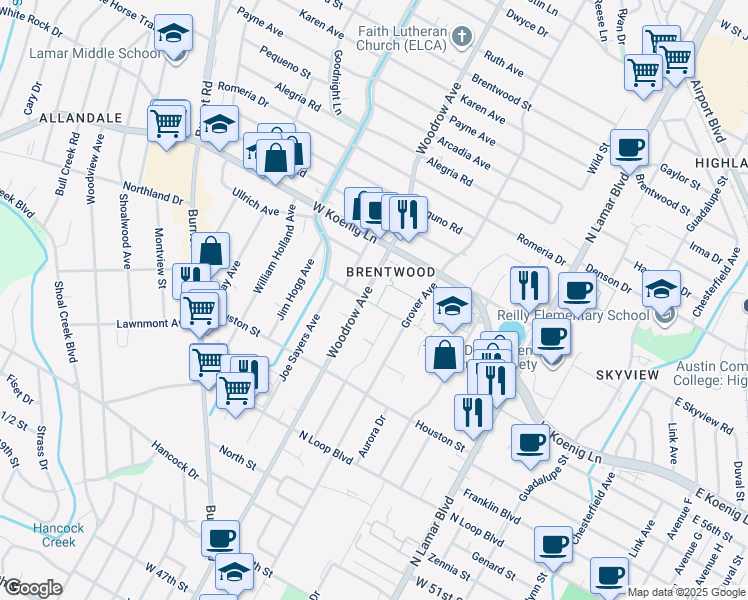 map of restaurants, bars, coffee shops, grocery stores, and more near in Austin