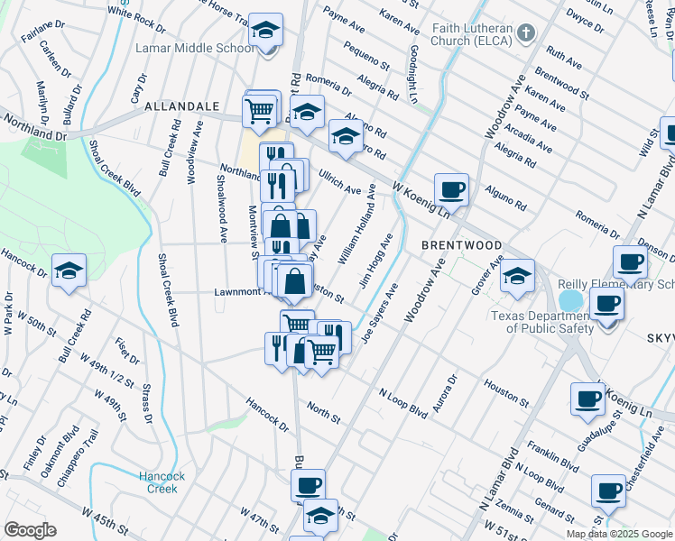 map of restaurants, bars, coffee shops, grocery stores, and more near 5504 Jim Hogg Avenue in Austin