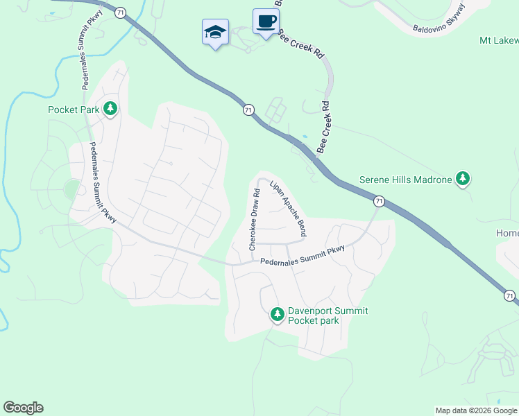 map of restaurants, bars, coffee shops, grocery stores, and more near 5513 Cherokee Draw Road in Spicewood