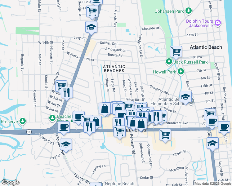 map of restaurants, bars, coffee shops, grocery stores, and more near 349 Sargo Road in Atlantic Beach