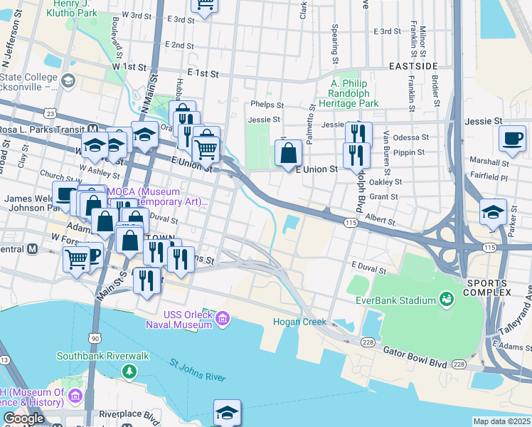 map of restaurants, bars, coffee shops, grocery stores, and more near 1 North Catherine Street in Jacksonville
