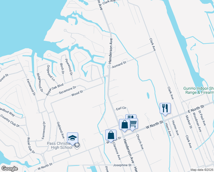 map of restaurants, bars, coffee shops, grocery stores, and more near 511 Henderson Avenue in Pass Christian