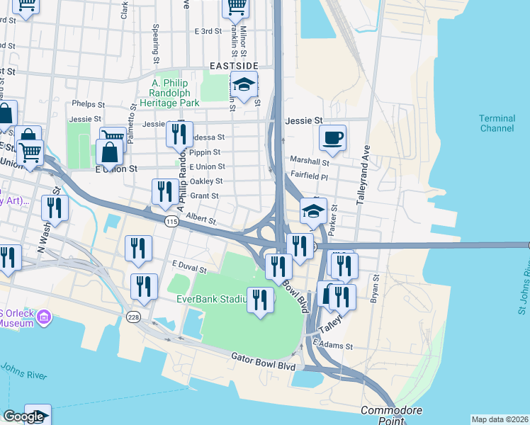 map of restaurants, bars, coffee shops, grocery stores, and more near 635 Bridier Street in Jacksonville