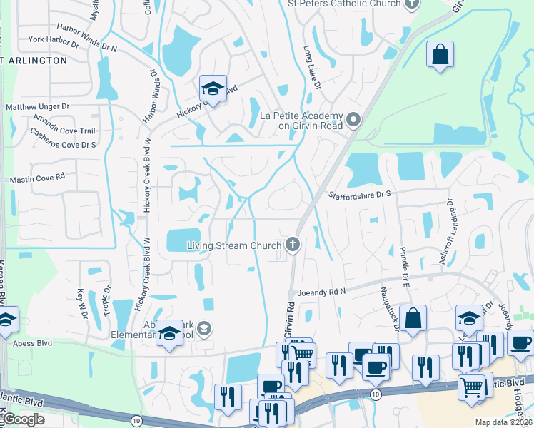 map of restaurants, bars, coffee shops, grocery stores, and more near 12666 Ivylena Road in Jacksonville