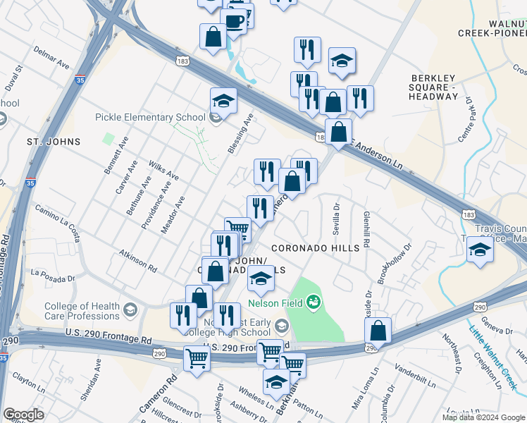 map of restaurants, bars, coffee shops, grocery stores, and more near 7371 Cameron Road in Austin