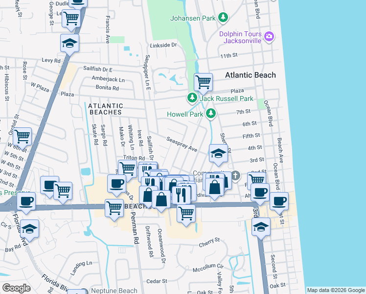 map of restaurants, bars, coffee shops, grocery stores, and more near 271 Belvedere Street in Atlantic Beach