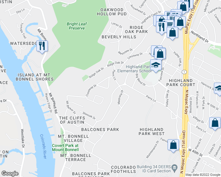 map of restaurants, bars, coffee shops, grocery stores, and more near 4611 Laurel Canyon Drive in Austin
