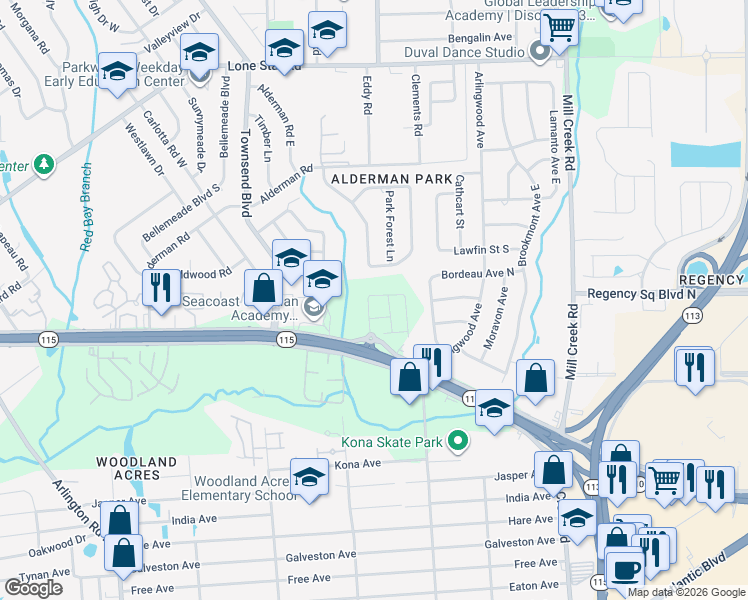 map of restaurants, bars, coffee shops, grocery stores, and more near 8209 Larose Road in Jacksonville