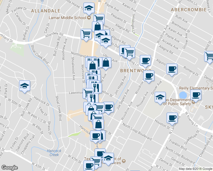 map of restaurants, bars, coffee shops, grocery stores, and more near 5510 Jeff Davis Avenue in Austin