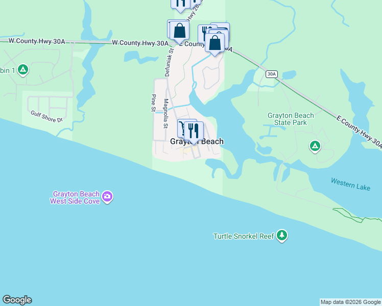 map of restaurants, bars, coffee shops, grocery stores, and more near 544 Defuniak Street in Santa Rosa Beach