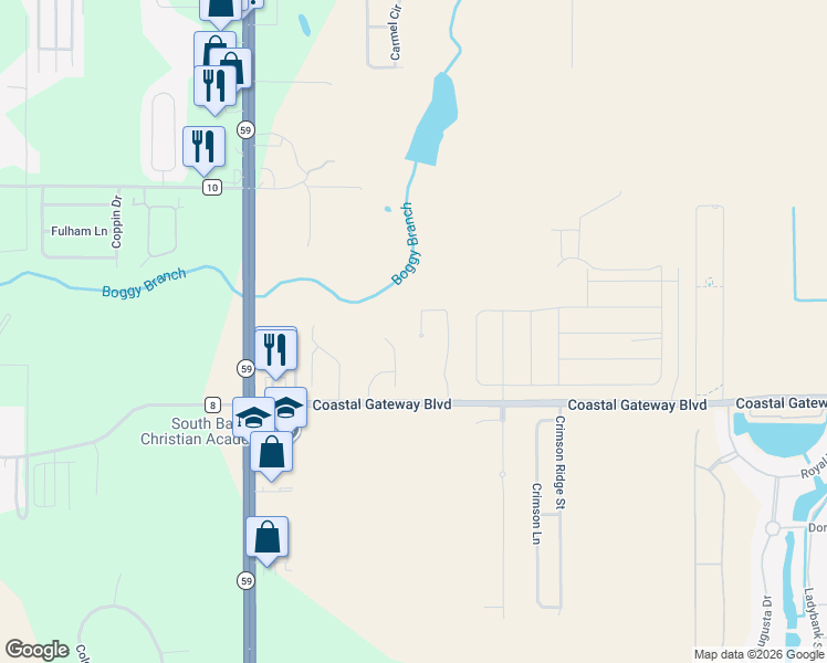 map of restaurants, bars, coffee shops, grocery stores, and more near 7350 Raintree Lane in Gulf Shores