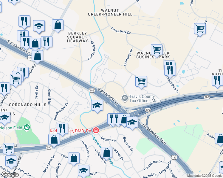 map of restaurants, bars, coffee shops, grocery stores, and more near 2323 Ridgepoint Drive in Austin