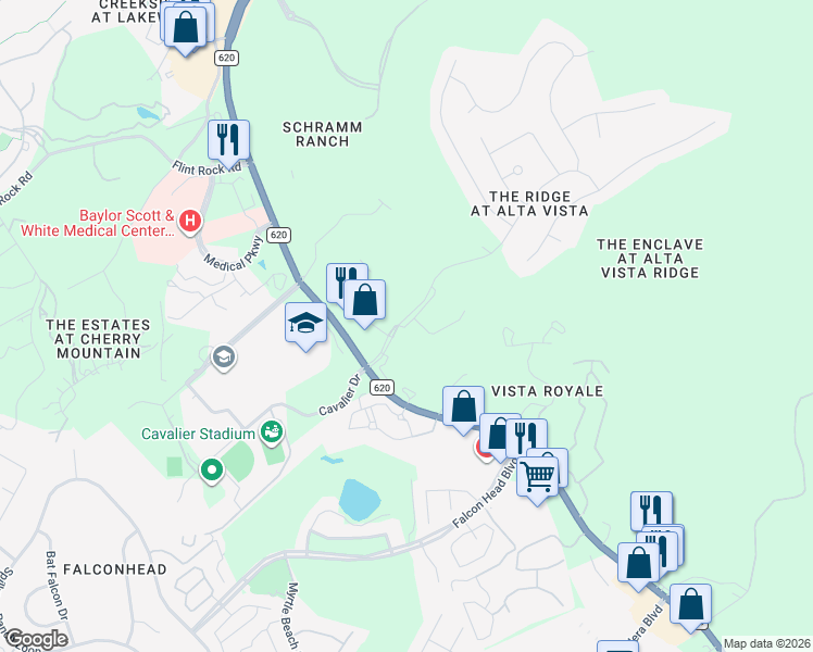 map of restaurants, bars, coffee shops, grocery stores, and more near 105 Sunrise Ridge Loop in Austin