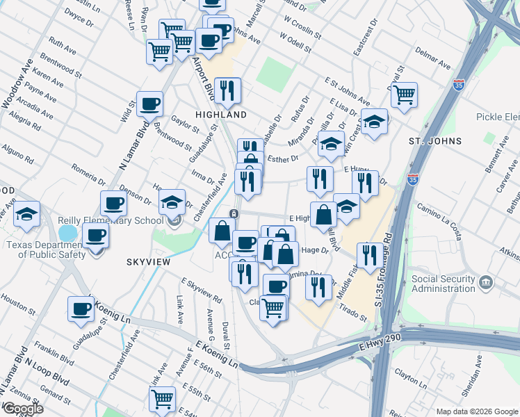 map of restaurants, bars, coffee shops, grocery stores, and more near 212 West Highland Mall Boulevard in Austin