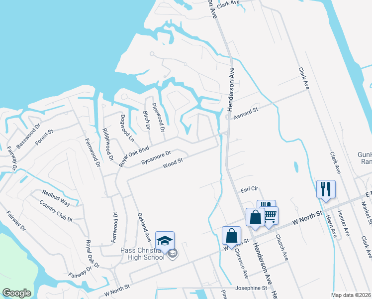 map of restaurants, bars, coffee shops, grocery stores, and more near 149 Sycamore Drive in Pass Christian