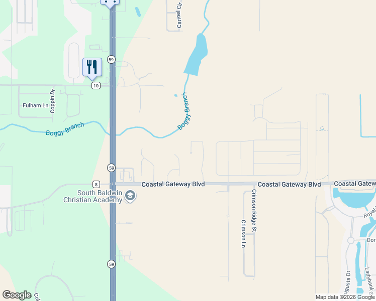 map of restaurants, bars, coffee shops, grocery stores, and more near 7350 Raintree Lane in Gulf Shores