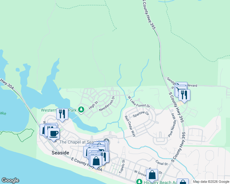 map of restaurants, bars, coffee shops, grocery stores, and more near 164 Needlerush Drive in Santa Rosa Beach