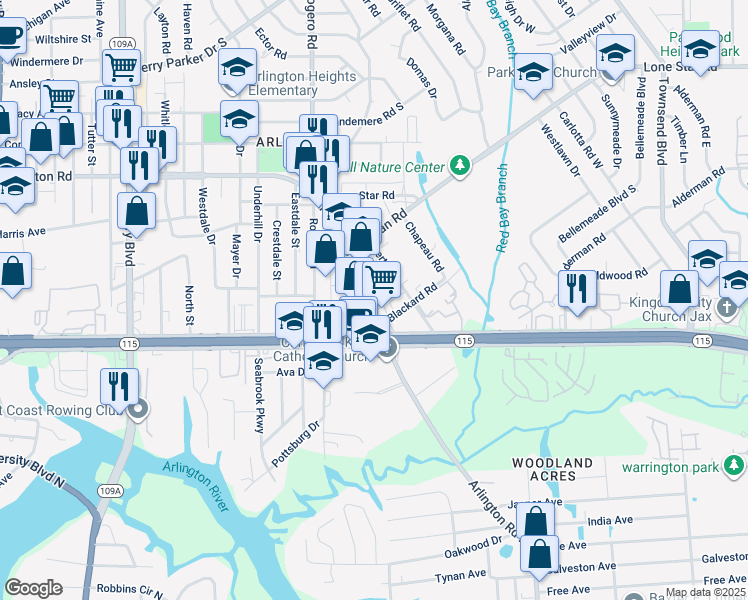 map of restaurants, bars, coffee shops, grocery stores, and more near 909 Arlington Road North in Jacksonville