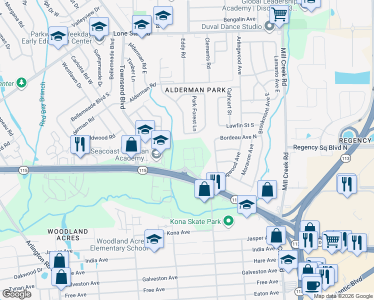 map of restaurants, bars, coffee shops, grocery stores, and more near 8209 Larose Road in Jacksonville
