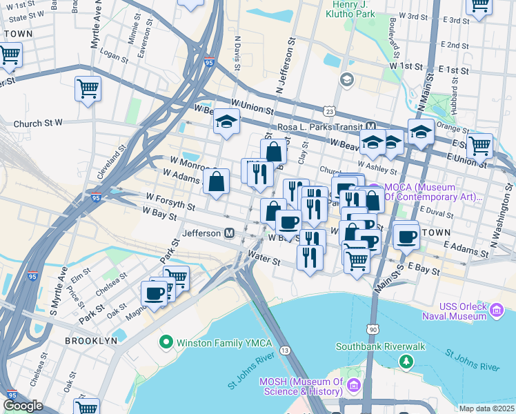 map of restaurants, bars, coffee shops, grocery stores, and more near 627 West Forsyth Street in Jacksonville