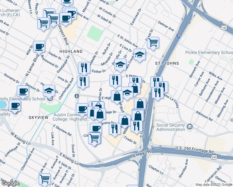 map of restaurants, bars, coffee shops, grocery stores, and more near 418 East Highland Mall Boulevard in Austin