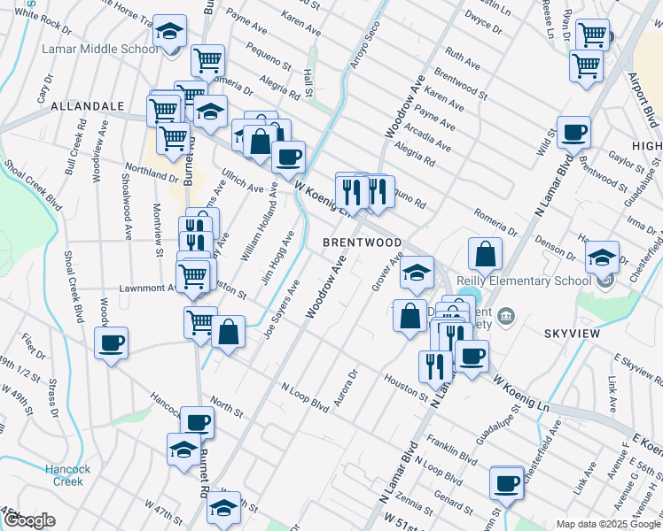map of restaurants, bars, coffee shops, grocery stores, and more near in Austin