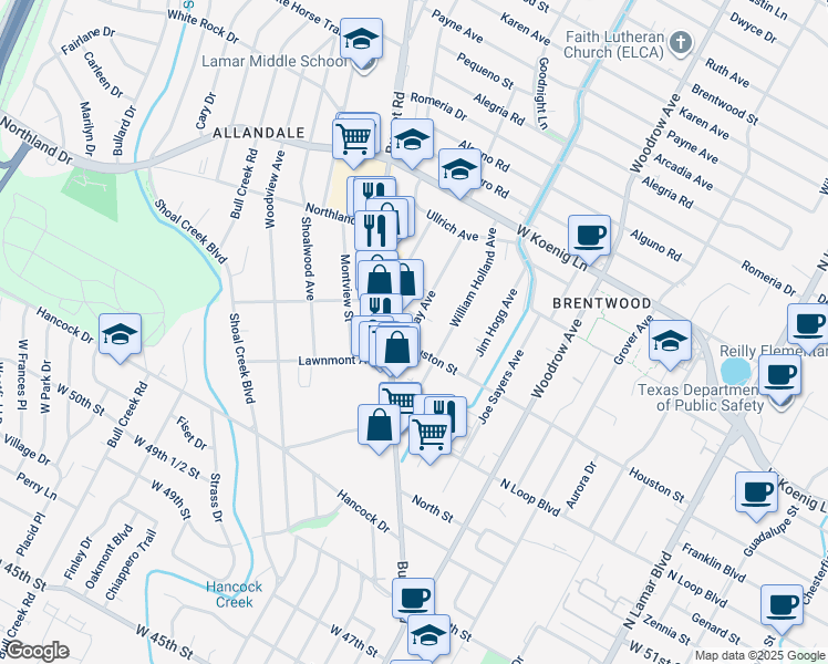 map of restaurants, bars, coffee shops, grocery stores, and more near 1704 Houston Street in Austin