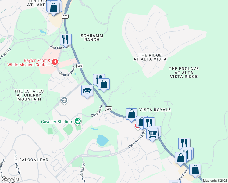 map of restaurants, bars, coffee shops, grocery stores, and more near 3315 Ranch Road 620 South in Austin