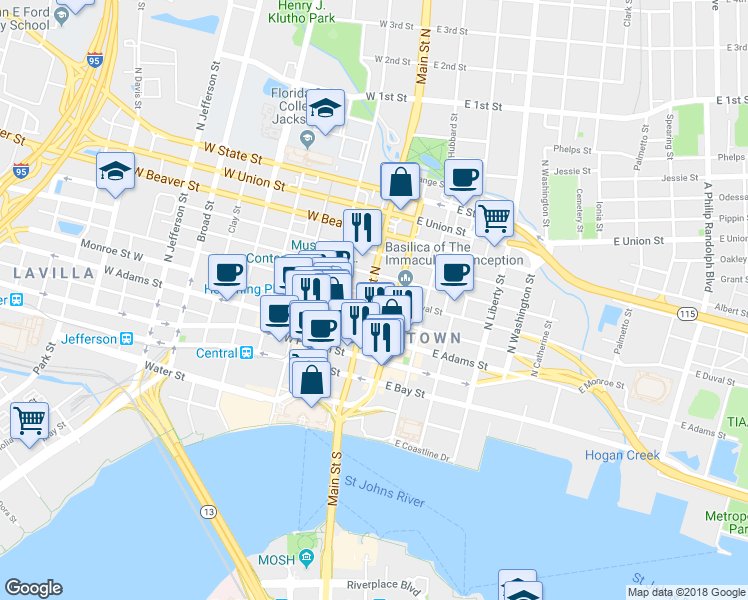 map of restaurants, bars, coffee shops, grocery stores, and more near 325 North Main Street in Jacksonville