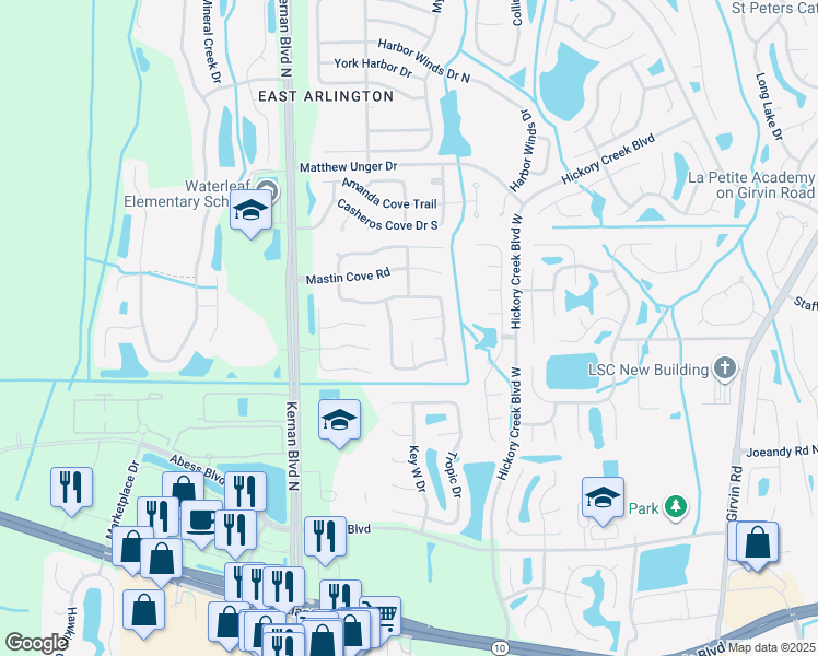 map of restaurants, bars, coffee shops, grocery stores, and more near 12340 Sondra Cove Court in Jacksonville