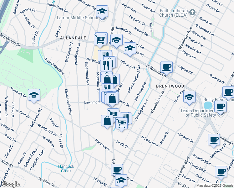 map of restaurants, bars, coffee shops, grocery stores, and more near 1704 Houston Street in Austin