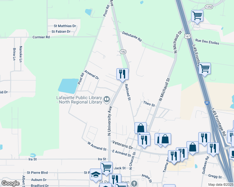 map of restaurants, bars, coffee shops, grocery stores, and more near 5167 North University Avenue in Carencro