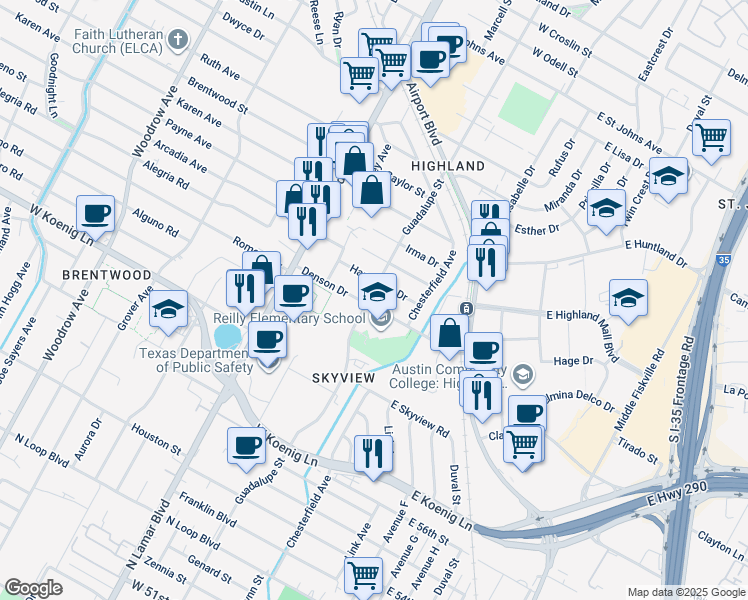 map of restaurants, bars, coffee shops, grocery stores, and more near 405 Denson Drive in Austin
