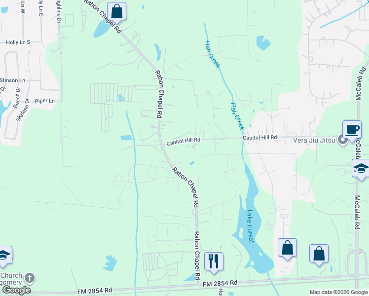 map of restaurants, bars, coffee shops, grocery stores, and more near 15593 Capitol Hill Road in Montgomery