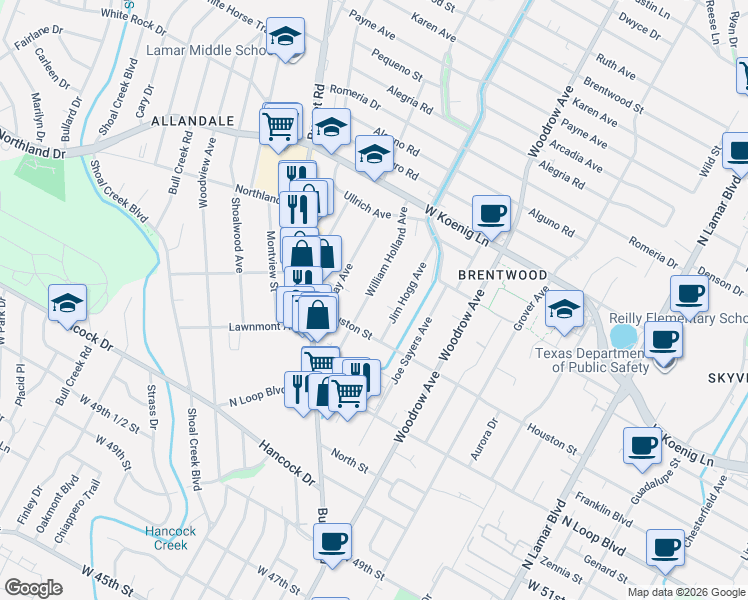 map of restaurants, bars, coffee shops, grocery stores, and more near 5511 William Holland Avenue in Austin
