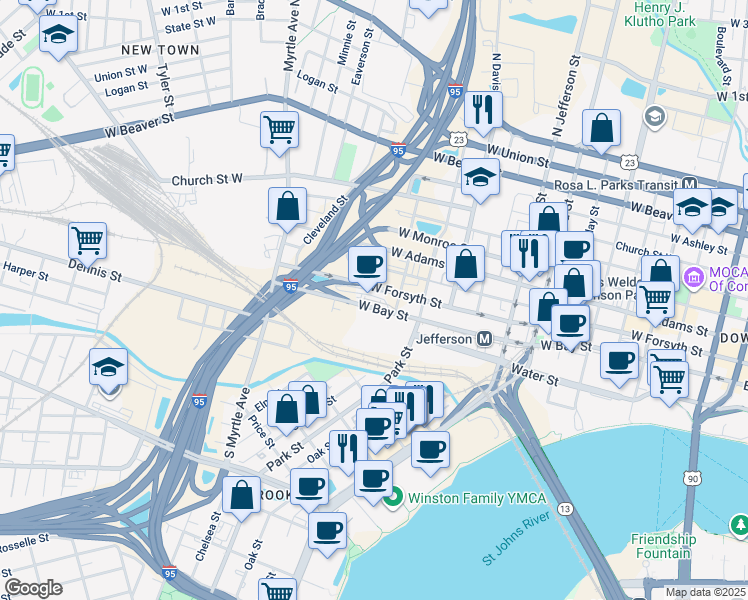 map of restaurants, bars, coffee shops, grocery stores, and more near West Bay Street in Jacksonville