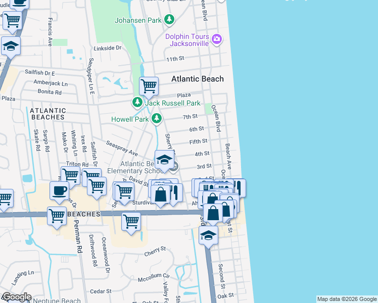 map of restaurants, bars, coffee shops, grocery stores, and more near 350 4th Street in Atlantic Beach