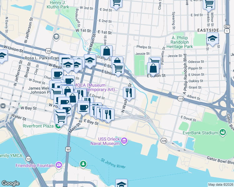 map of restaurants, bars, coffee shops, grocery stores, and more near 339 East Duval Street in Jacksonville