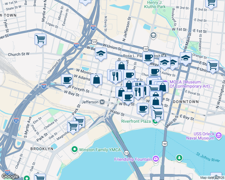 map of restaurants, bars, coffee shops, grocery stores, and more near 627 West Forsyth Street in Jacksonville