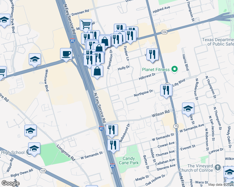 map of restaurants, bars, coffee shops, grocery stores, and more near 40 Silver Creek Drive in Conroe