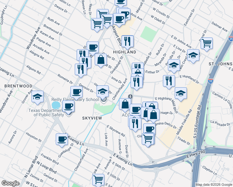 map of restaurants, bars, coffee shops, grocery stores, and more near 6209 Chesterfield Avenue in Austin